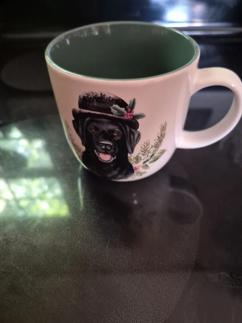 Williams Sonoma Black Lab Ceramic Dog Print Mug - White with Dark Green Interior